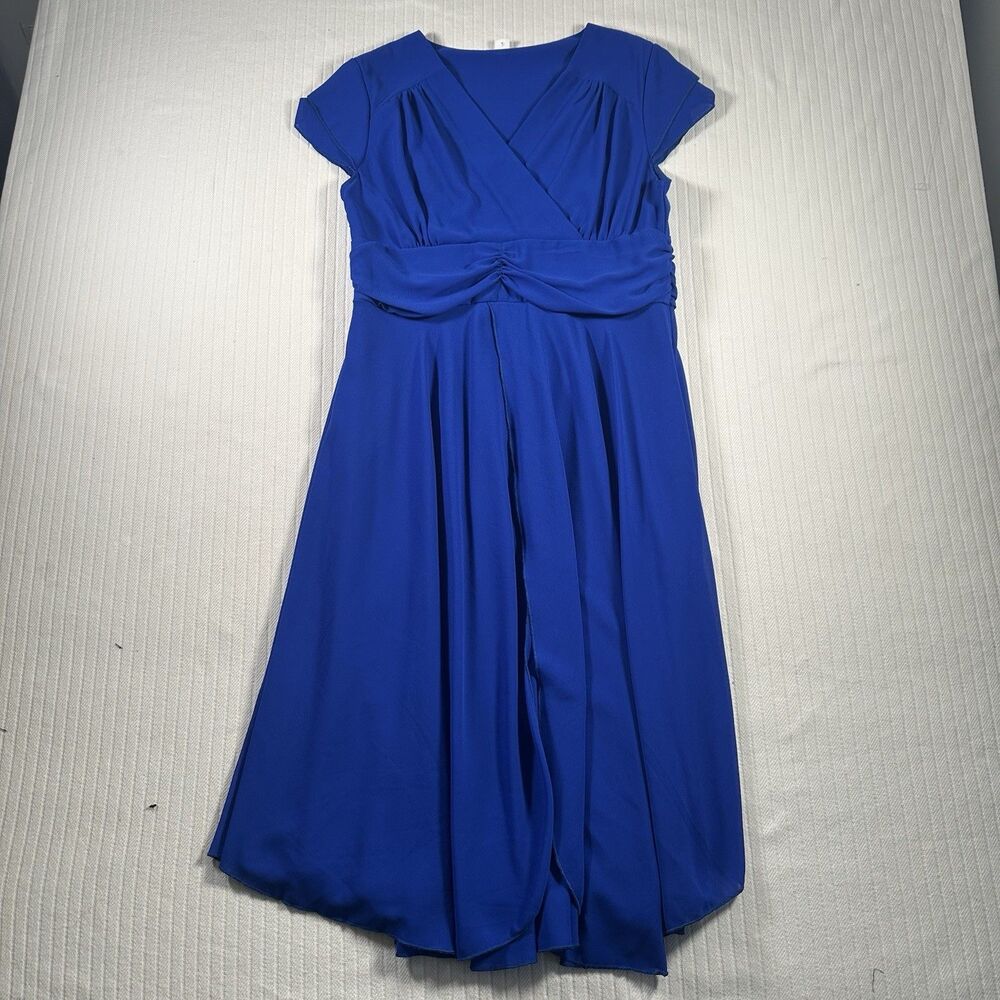 Women’s Blue Wrap Midi Dress Size Medium Short Sleeve Ruched Waist Flowy A-Line